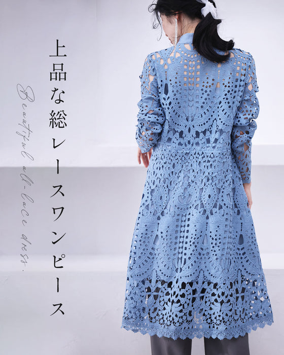 (リボンベルト付き)切り絵レースのミディアムワンピース