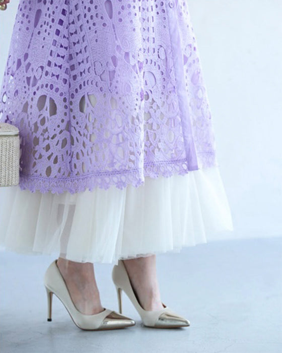 (リボンベルト付き)切り絵レースのミディアムワンピース