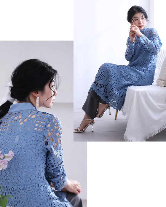 (リボンベルト付き)切り絵レースのミディアムワンピース