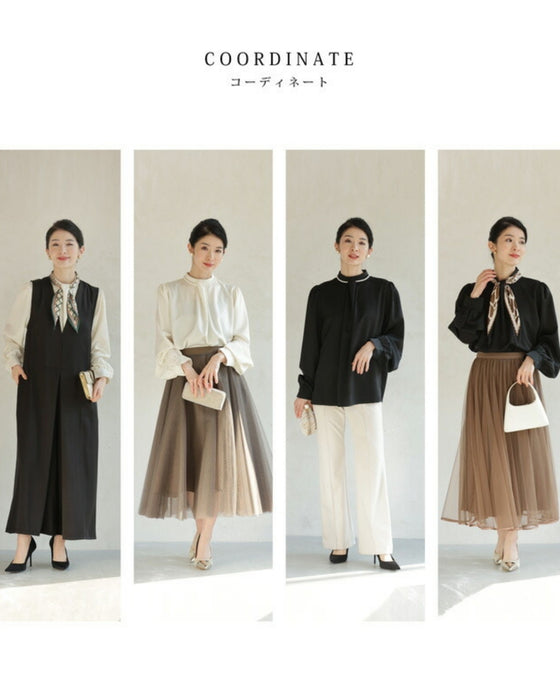 (ネックレス付き)首元に輝くパールネックレスのフロントタック艶ブラウストップス