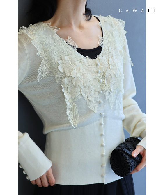 A cut-and-sew top with plenty of floral lace that blooms in a three-dimensional way