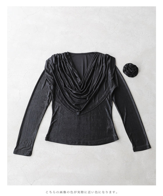 (コサージュ付き)重なるカバードレープの艶カットソートップス