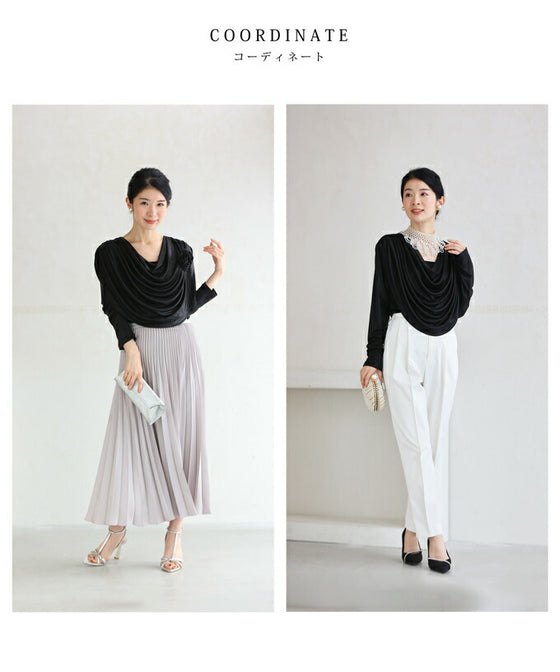 (コサージュ付き)重なるカバードレープの艶カットソートップス