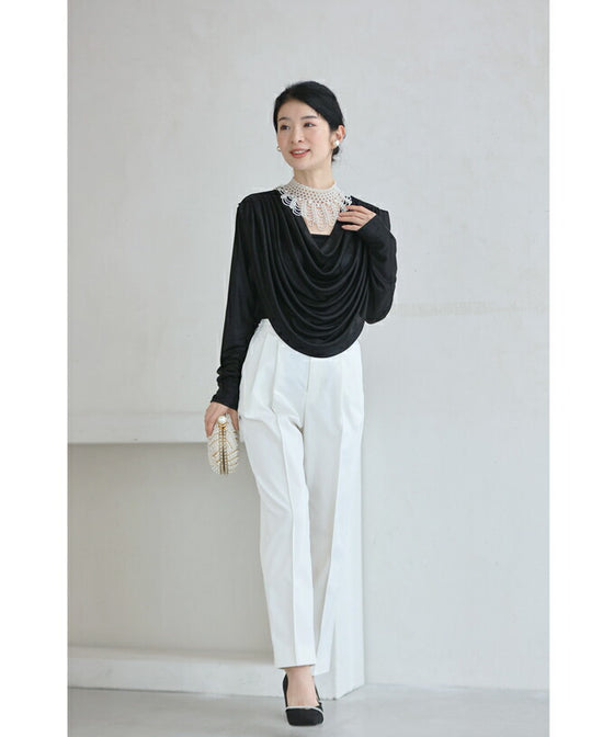 (コサージュ付き)重なるカバードレープの艶カットソートップス