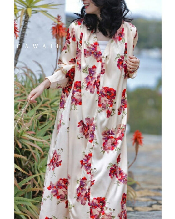 (ベルト付き)ロマンティックなピオニー咲く艶ロングワンピース