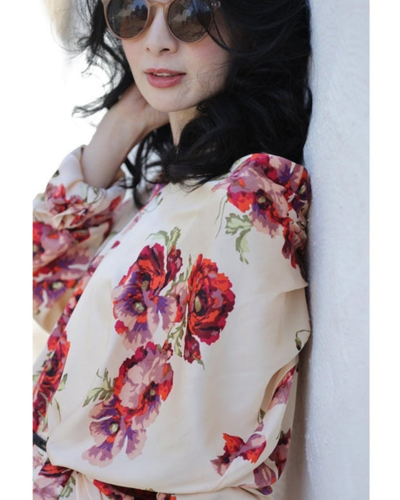 (ベルト付き)ロマンティックなピオニー咲く艶ロングワンピース