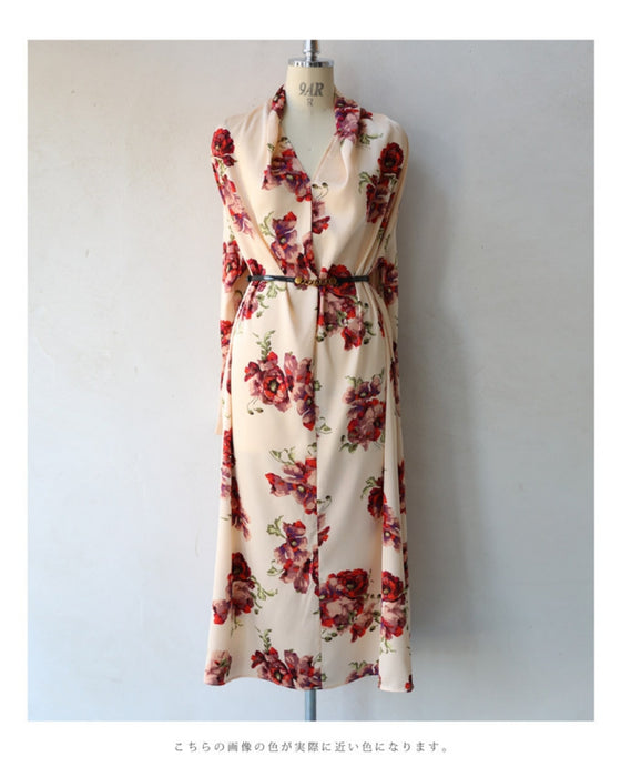 (ベルト付き)ロマンティックなピオニー咲く艶ロングワンピース