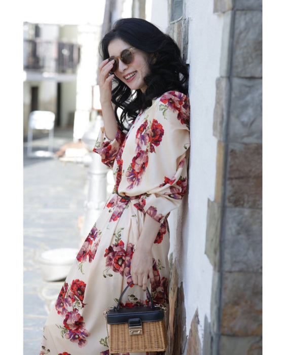 (ベルト付き)ロマンティックなピオニー咲く艶ロングワンピース