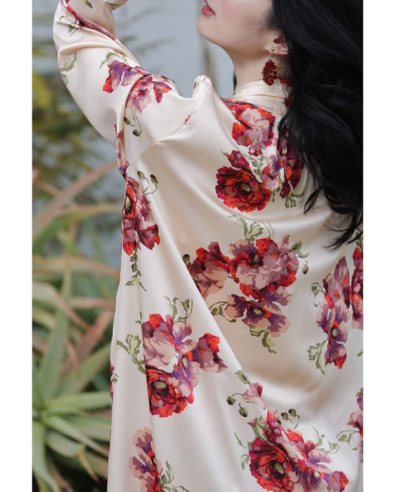 (ベルト付き)ロマンティックなピオニー咲く艶ロングワンピース