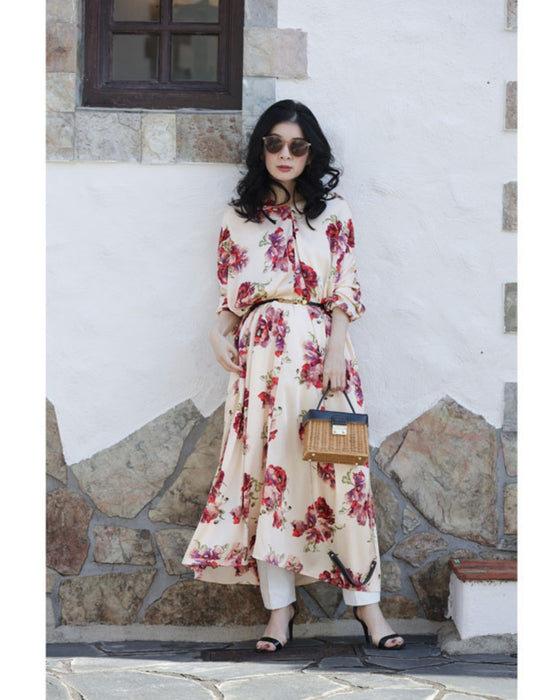 (ベルト付き)ロマンティックなピオニー咲く艶ロングワンピース