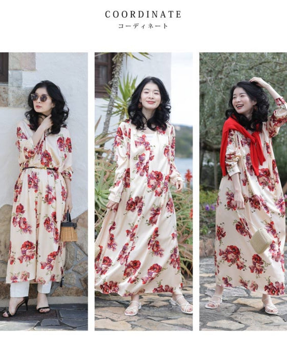 (ベルト付き)ロマンティックなピオニー咲く艶ロングワンピース