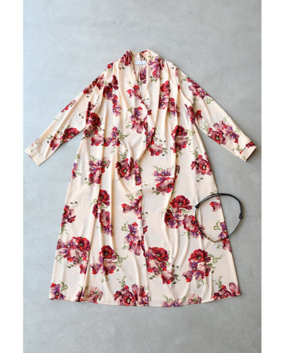 (ベルト付き)ロマンティックなピオニー咲く艶ロングワンピース