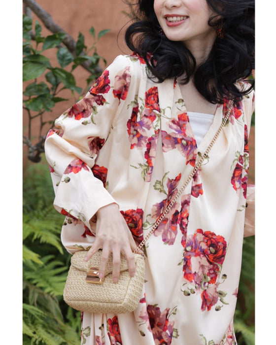 (ベルト付き)ロマンティックなピオニー咲く艶ロングワンピース