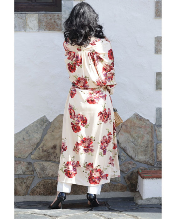 (ベルト付き)ロマンティックなピオニー咲く艶ロングワンピース