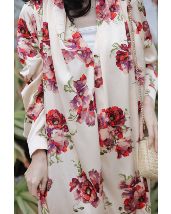 (ベルト付き)ロマンティックなピオニー咲く艶ロングワンピース