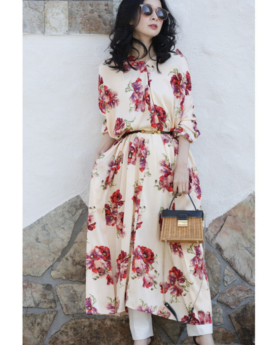 (ベルト付き)ロマンティックなピオニー咲く艶ロングワンピース