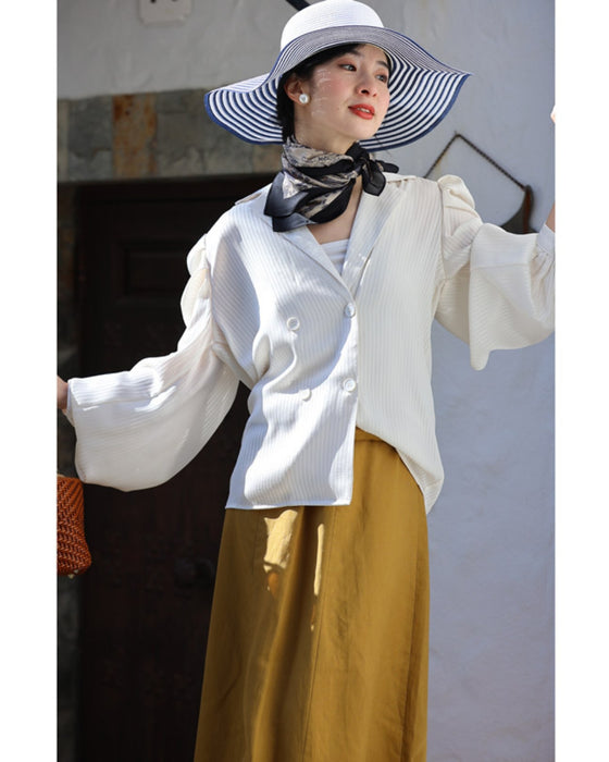 ふんわりギャザー袖の肩パッド入りブラウス風ジャケット