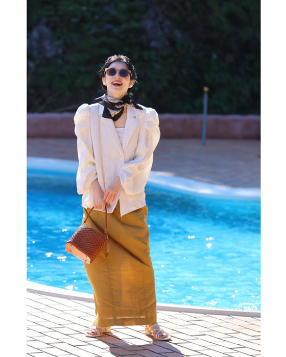 ふんわりギャザー袖の肩パッド入りブラウス風ジャケット