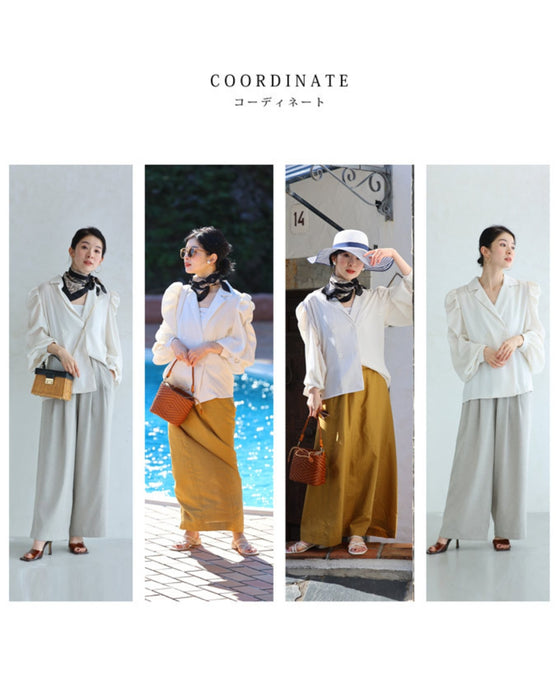 ふんわりギャザー袖の肩パッド入りブラウス風ジャケット