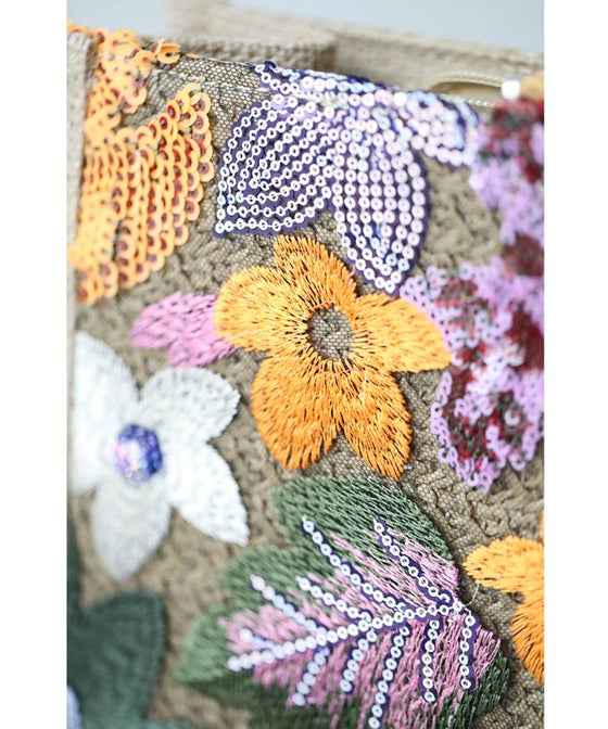 Square tote bag with sparkling sequin flowers