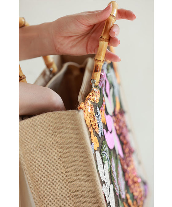 Square tote bag with sparkling sequin flowers