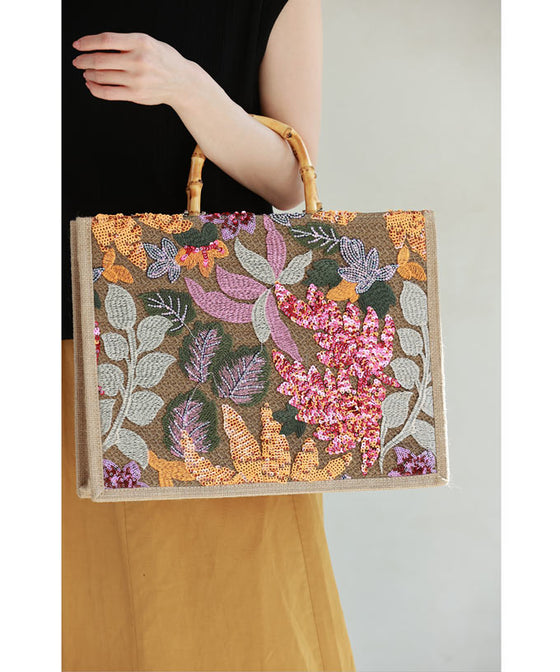 Square tote bag with sparkling sequin flowers
