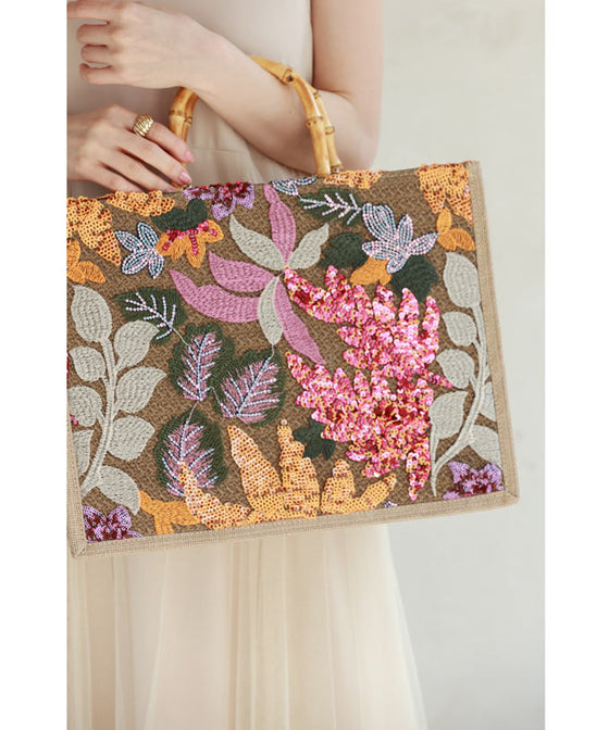 Square tote bag with sparkling sequin flowers