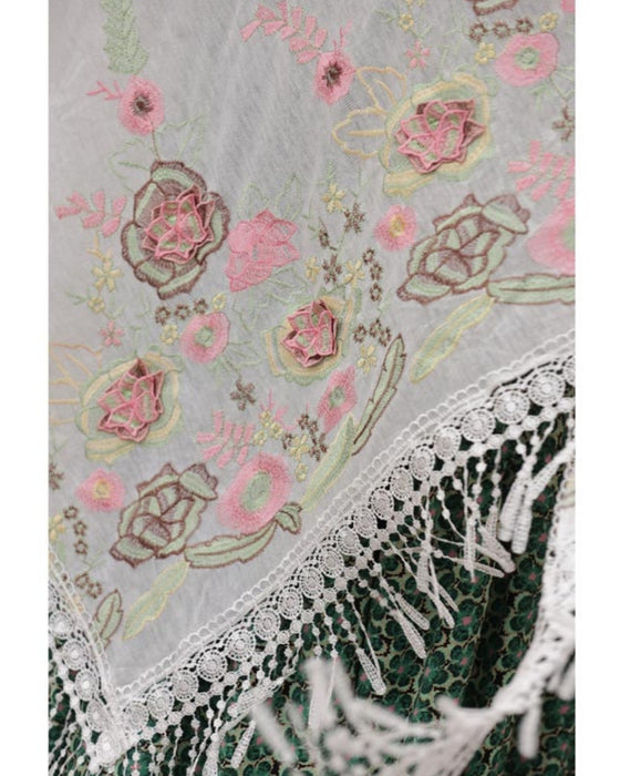 立体の花咲く春色刺繍の三角ストール