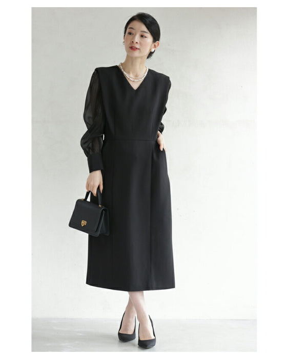 (ベルト付き)グロッシーベール袖のストレートミディアムワンピース