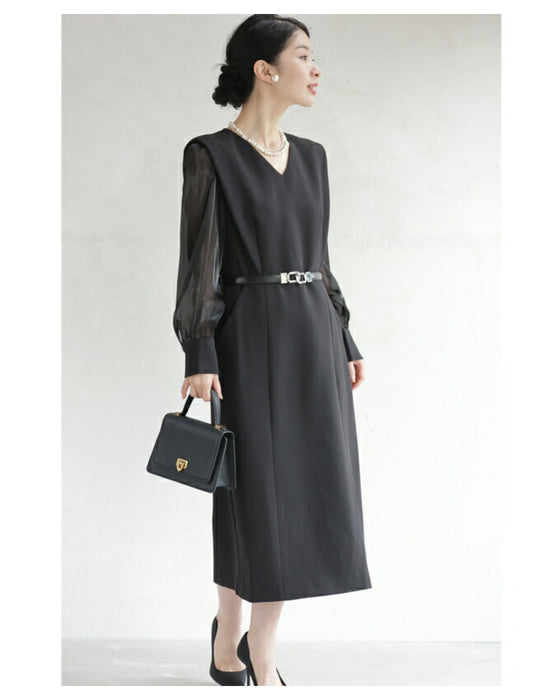 (ベルト付き)グロッシーベール袖のストレートミディアムワンピース