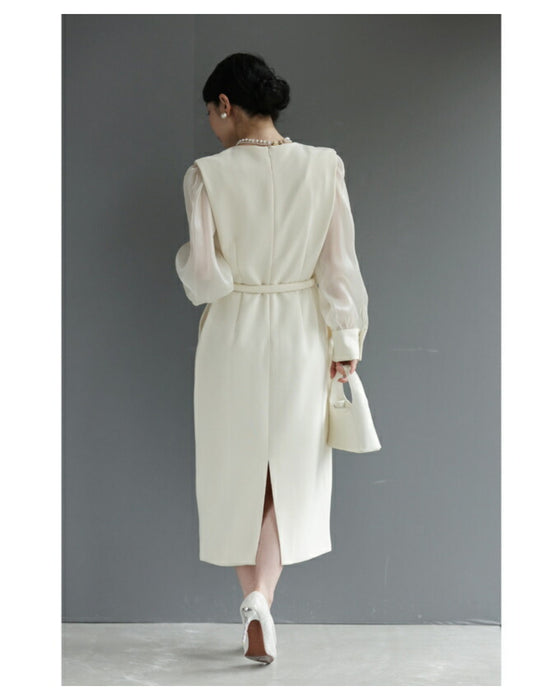 (ベルト付き)グロッシーベール袖のストレートミディアムワンピース