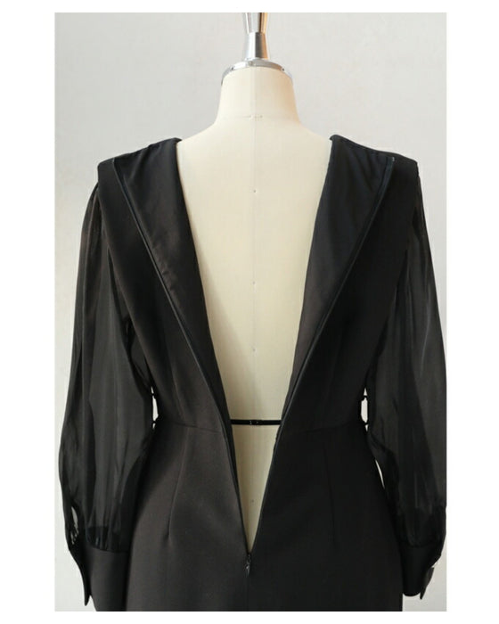 (ベルト付き)グロッシーベール袖のストレートミディアムワンピース