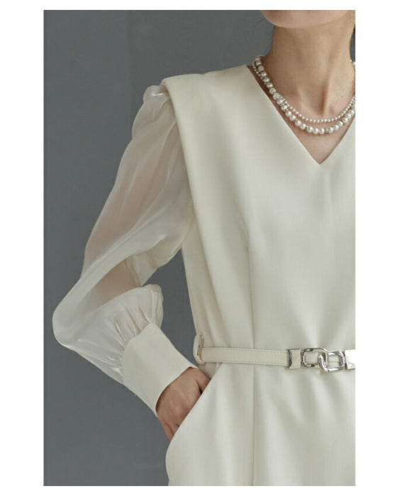 (ベルト付き)グロッシーベール袖のストレートミディアムワンピース