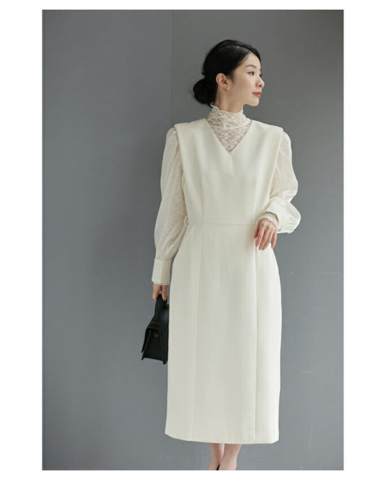 (ベルト付き)グロッシーベール袖のストレートミディアムワンピース