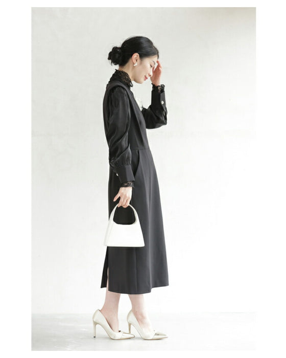 (ベルト付き)グロッシーベール袖のストレートミディアムワンピース