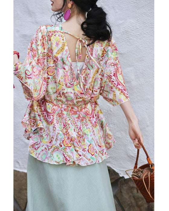 春めく彩りペイズリーのバックオープンブラウストップス