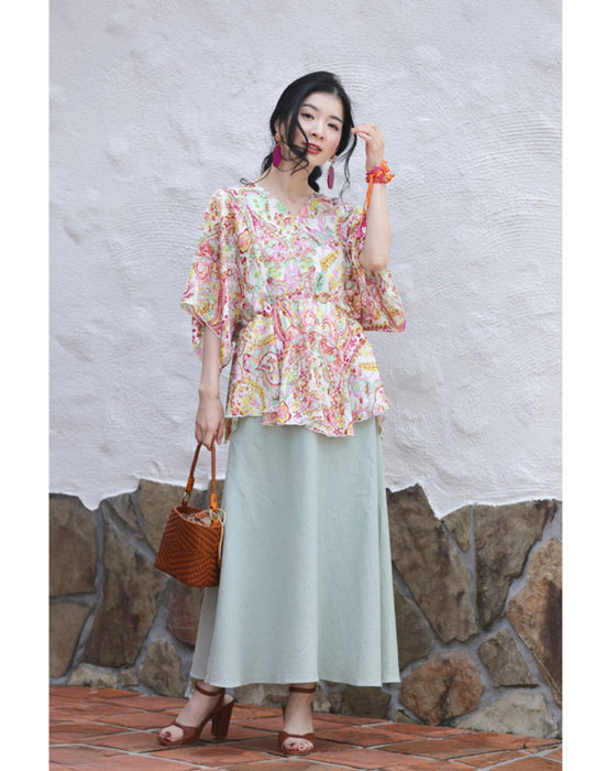 春めく彩りペイズリーのバックオープンブラウストップス