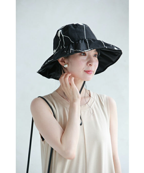 (紐付き)ワイヤー入り白花刺繍ハット