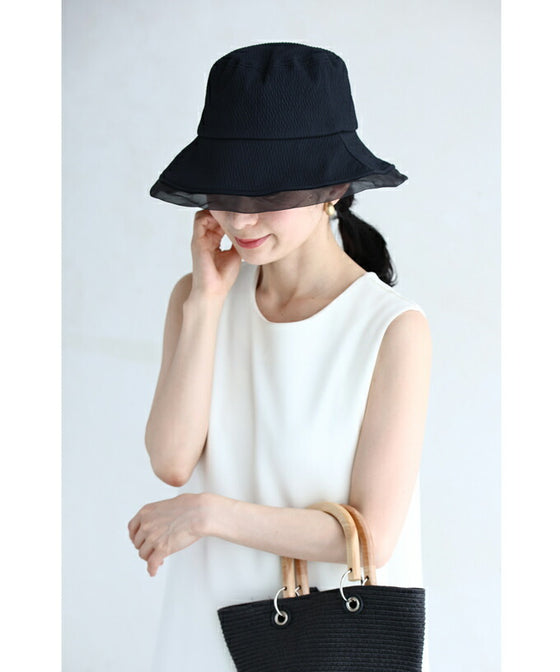 (ストラップ付き)縁取りオーガンジーの日除けハット