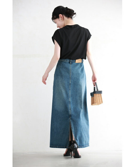 アシンメトリーデザインのデニムロングスカート