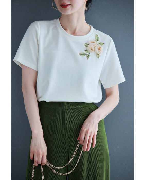 Beaded glittering 3D flower corsage T-shirt top