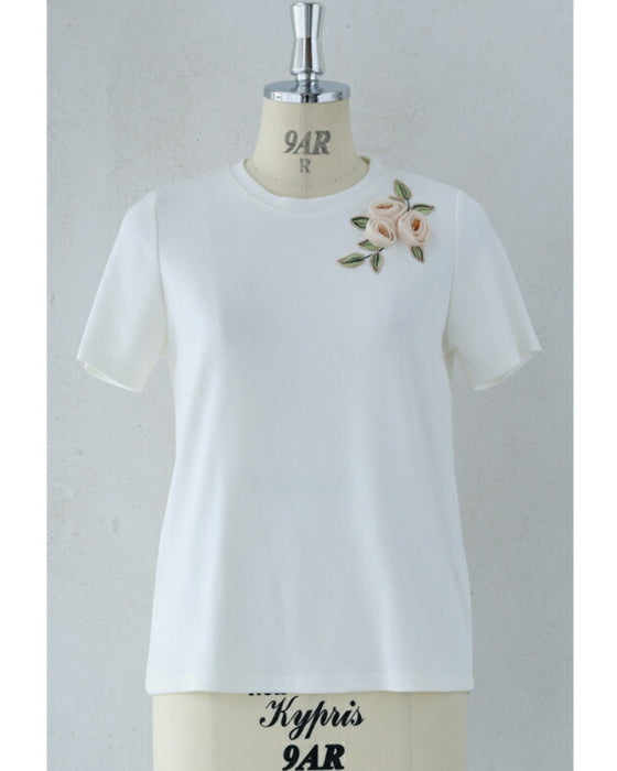 Beaded glittering 3D flower corsage T-shirt top