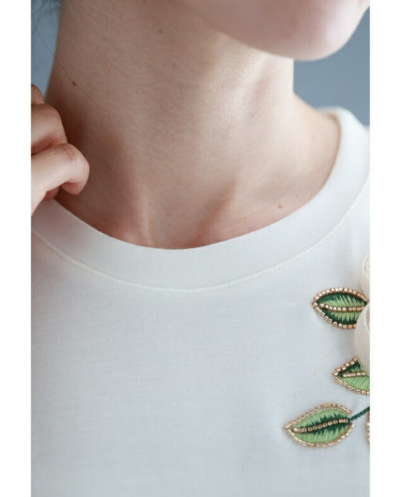 Beaded glittering 3D flower corsage T-shirt top