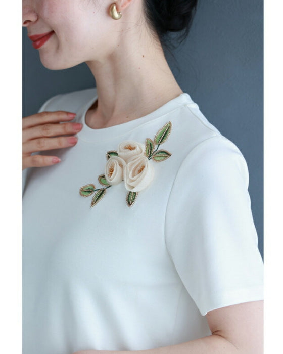 Beaded glittering 3D flower corsage T-shirt top