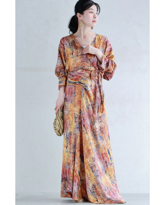 彩り豊かなアート柄カシュクールロングワンピース
