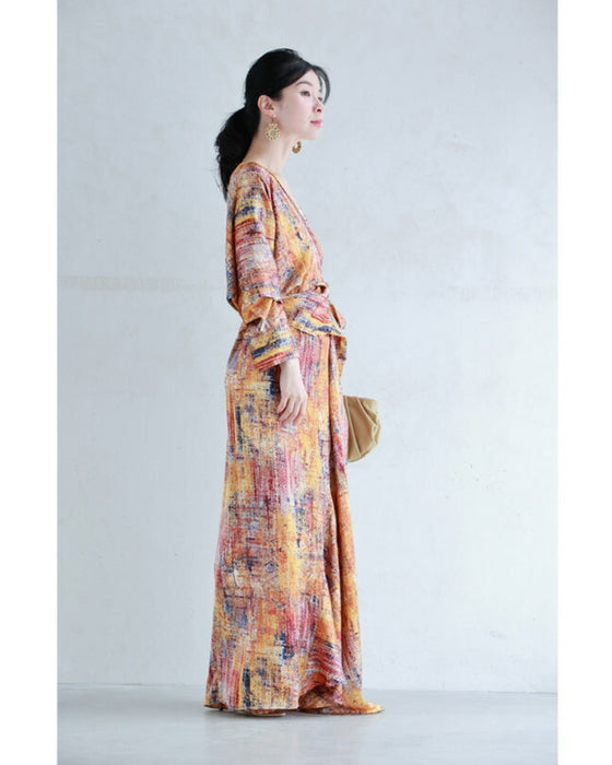 彩り豊かなアート柄カシュクールロングワンピース