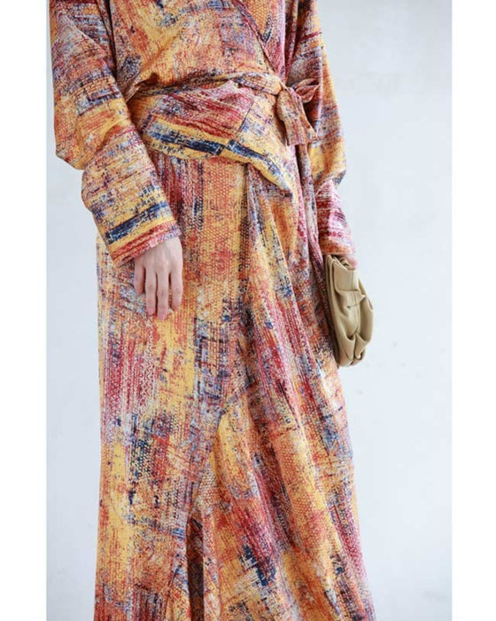 彩り豊かなアート柄カシュクールロングワンピース