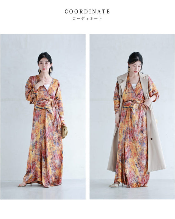 彩り豊かなアート柄カシュクールロングワンピース