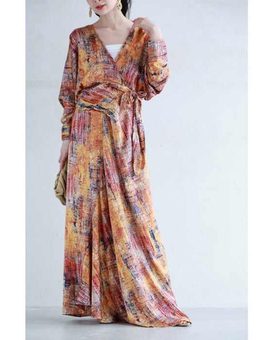 彩り豊かなアート柄カシュクールロングワンピース