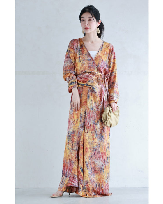 彩り豊かなアート柄カシュクールロングワンピース